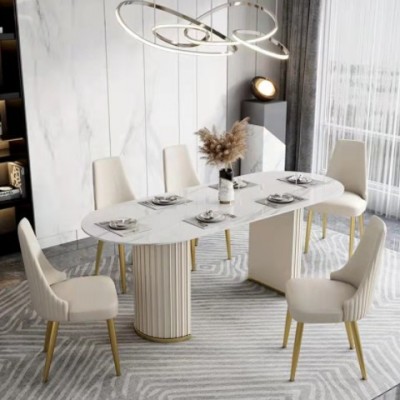 现代简约岩板椭圆形饭桌家用小户型轻奢奶油系岩板餐厅桌椅组合